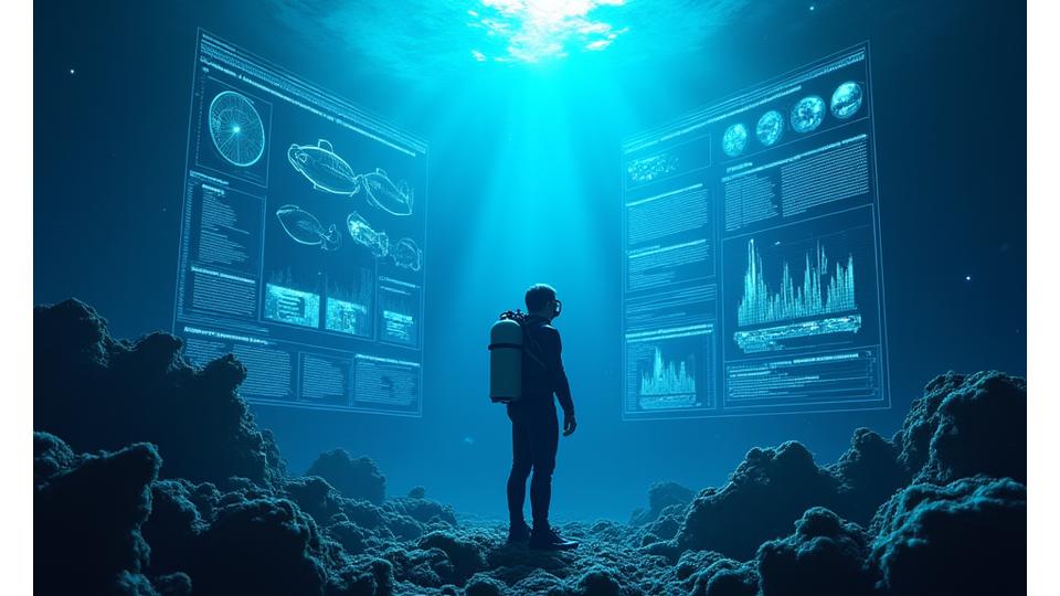青い光が差し込む深海の中で、研究者が水中のセンサーデータを分析しているようなイメージ。技術革新と海洋の融合。