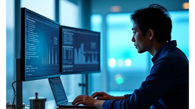タブレットで養殖データをモニタリングする技術者