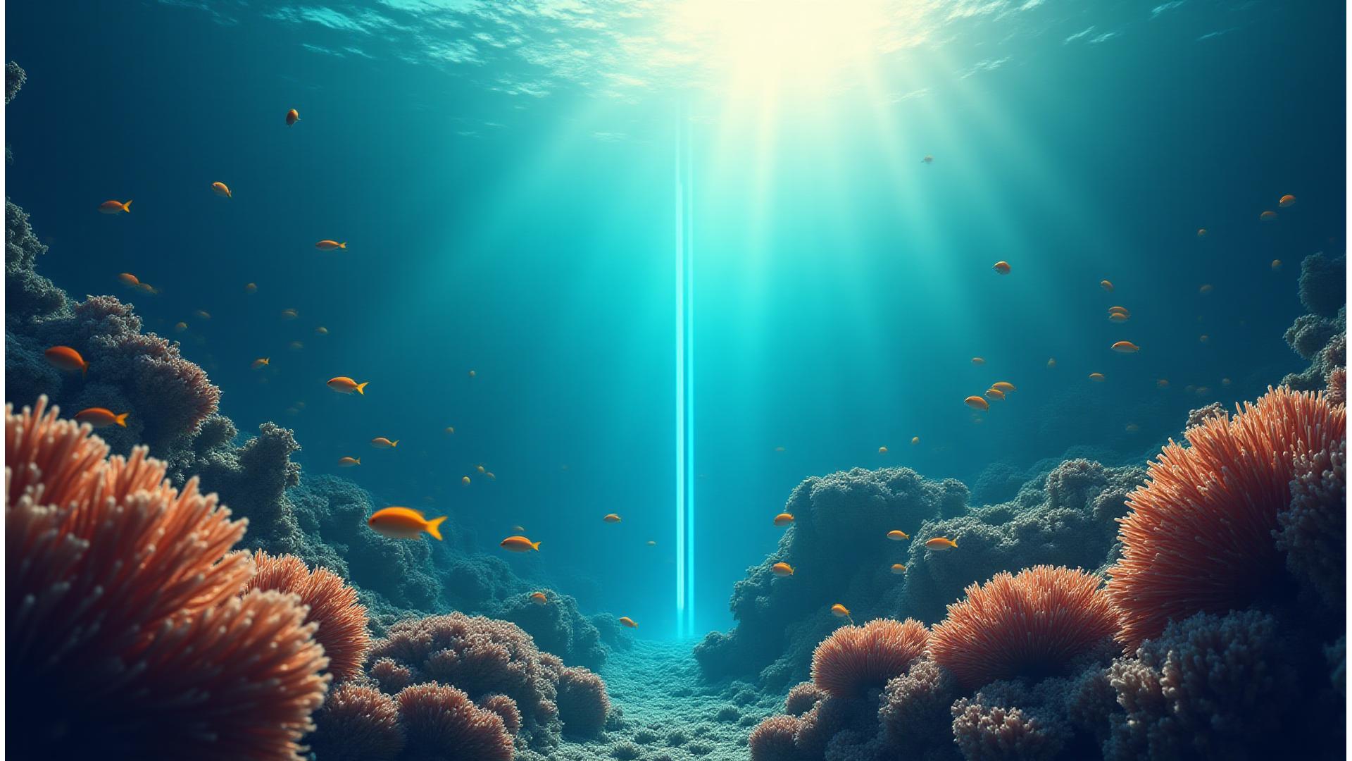 透明な海中を泳ぐ魚群、光が差し込む美しい海で未来の漁業の展望