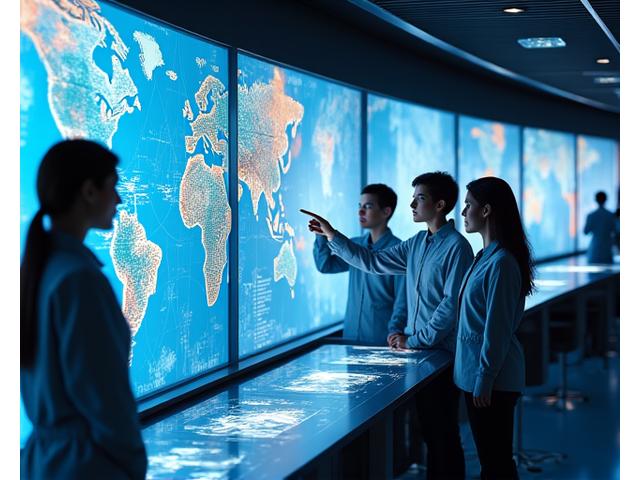 研究者が多数のモニターに囲まれ、複雑な海洋データを協力して解析している様子