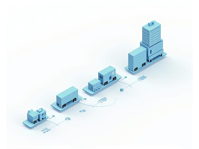 漁師が漁獲した魚が、加工され、運送され、小売店に並び、最終的に消費者の食卓に届くまでのプロセスをデジタルブロックで結びつけた図。各ブロックにはQRコードやセンサーアイコンが付いている。