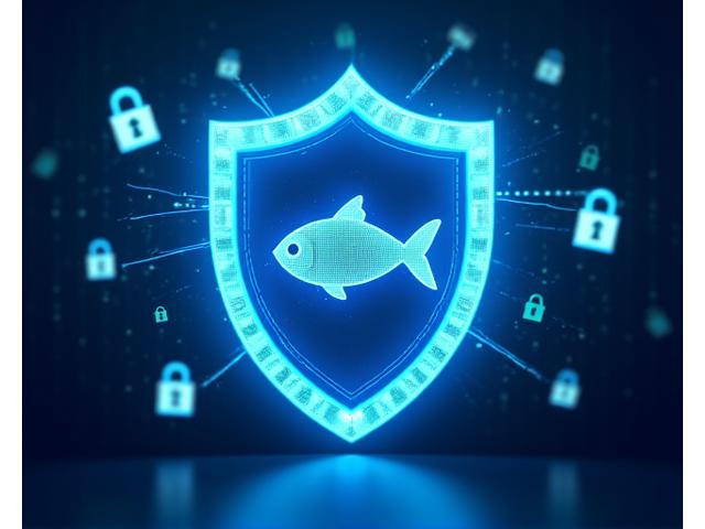 デジタルロックとブロックチェーンノードのネットワークが水産物のアイコンを囲んで保護しているビジュアル。サイバーセキュリティとデータの安全性を象徴する。