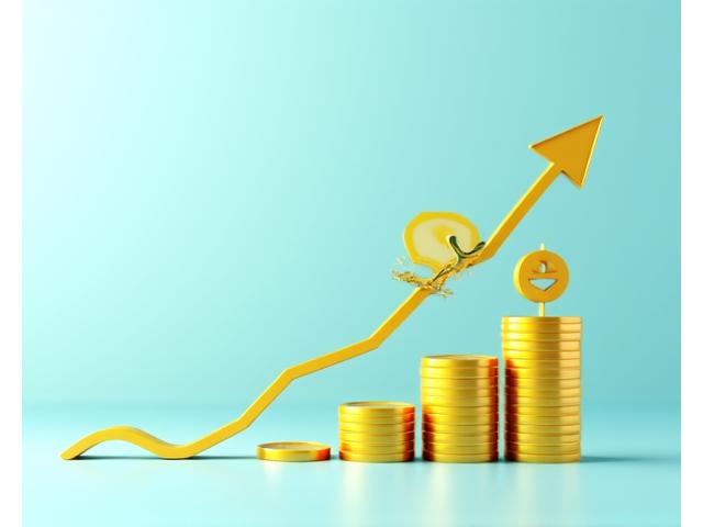 上昇するグラフの棒と積み重ねられたコイン、そして信頼マークのアイコンが、水産物のブロックチェーントレーサビリティによって実現された収益向上とブランド価値の強化を示している。