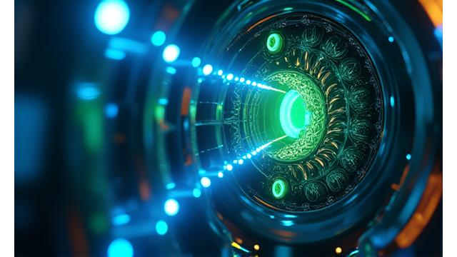 最新の省エネ船舶機関が稼働している様子、青い光と効率的なエネルギーの流れを表現