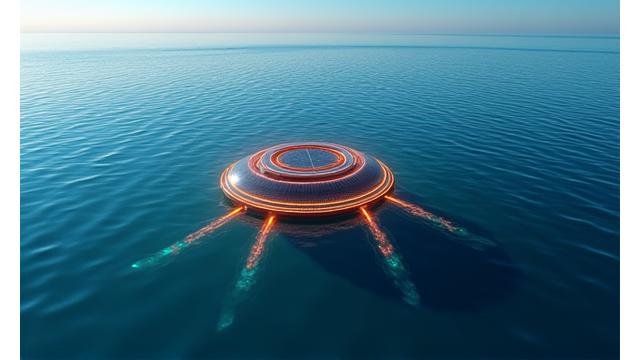 海上を漂うIoT浮標が、リアルタイムで海洋気象データと魚群情報を送信している様子