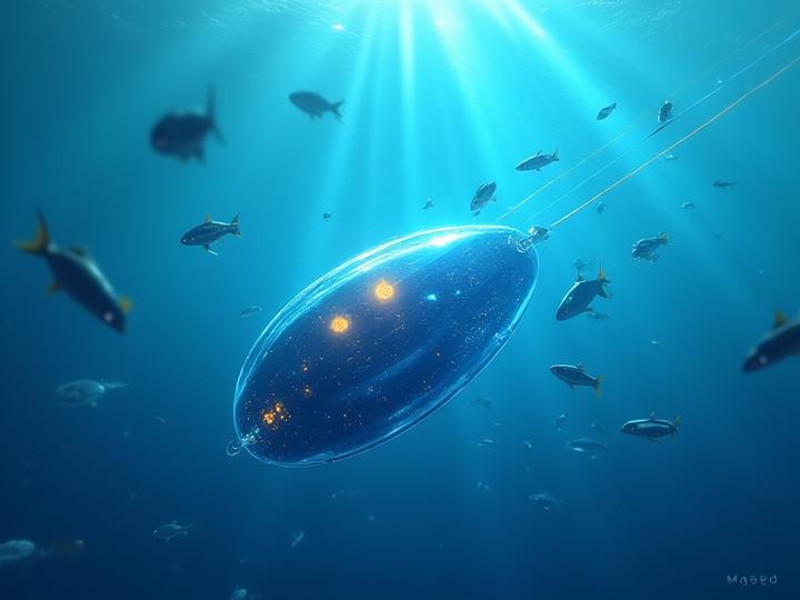 未来的なデザインの水中センサーが、透明な水中で魚群の動きを精密に追跡している様子。データがリアルタイムでタブレットに表示される