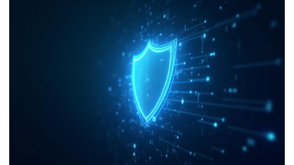 知的財産を象徴する、抽象的なデジタルシールドとロックのアイコン。ブランドの青色を基調とし、データを保護する様子。